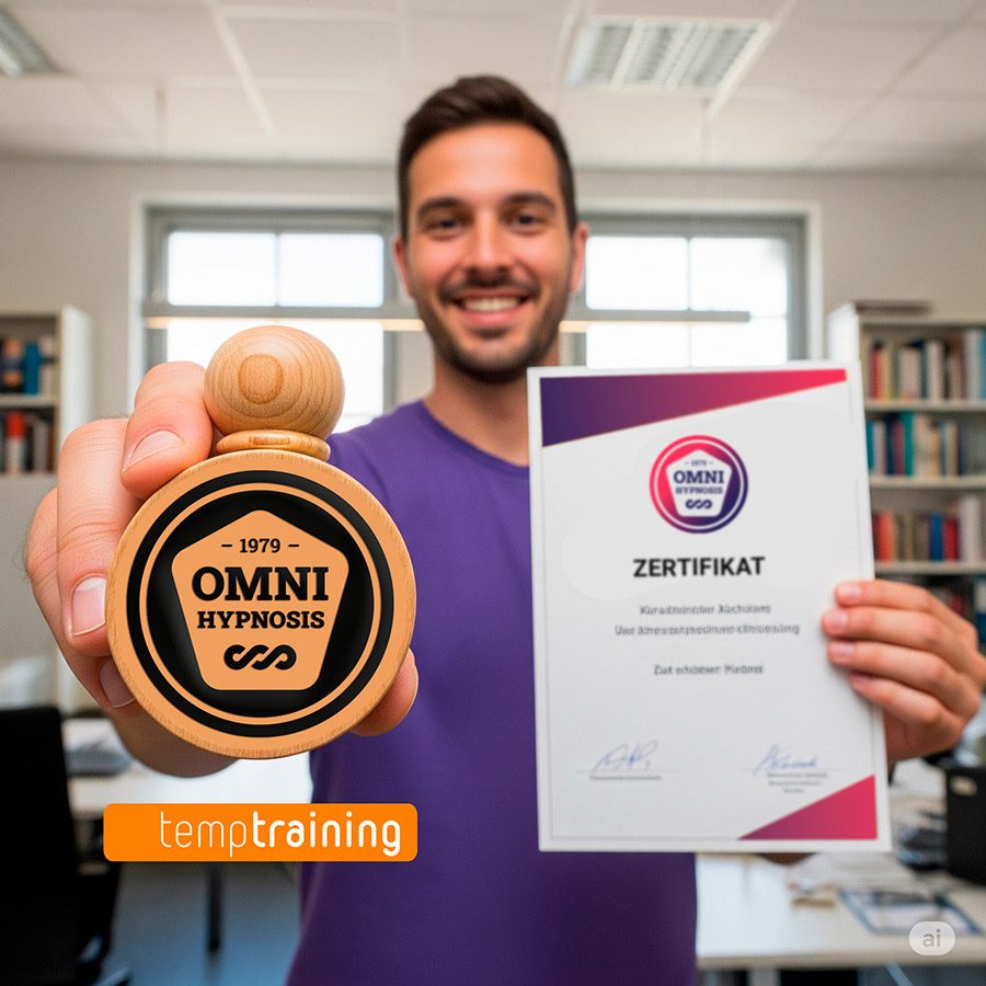 Absolvent mit OMNI-Zertifikat und OMNI-Stempel, Hinweis temptraining